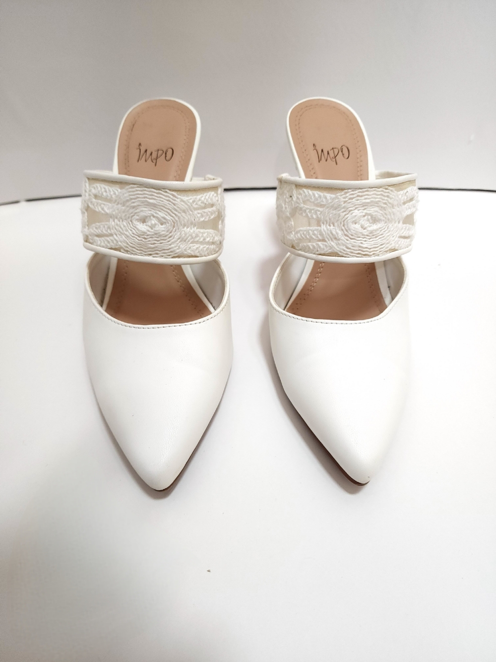 Impo White Pointed-Toe Slip-On Mules with Embroidered Strap